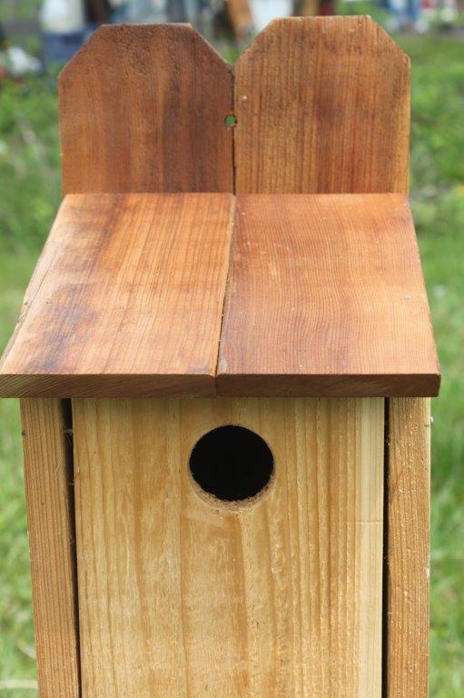 Small birdhouse made completely of wood with a tall back and a sloped roof